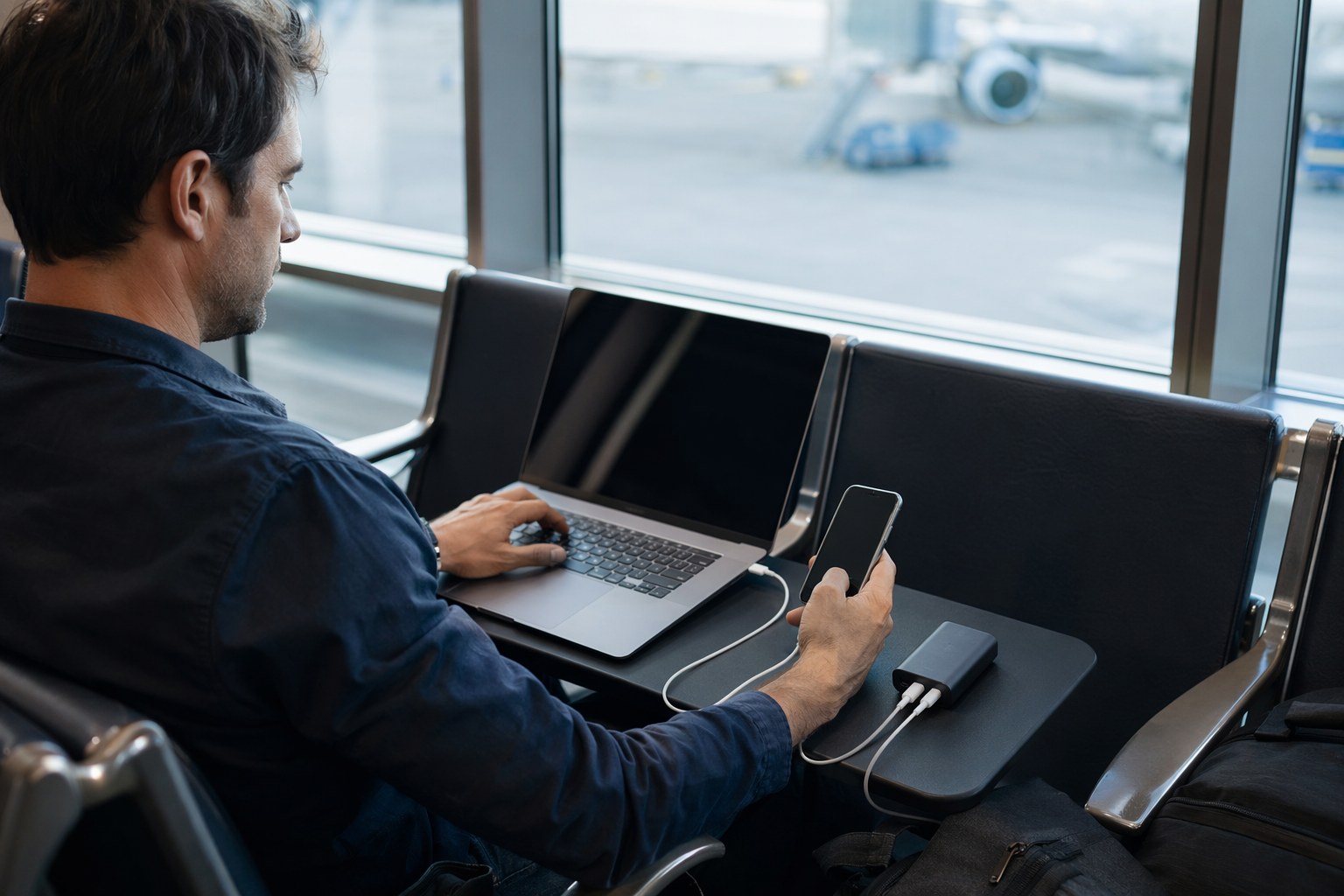 Traveler charging a laptop and phone from a compact USB-C power bank at an airport gate