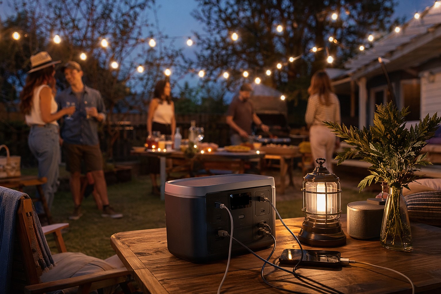 Outdoor evening party with string lights powered by a portable power station, no generator in sight