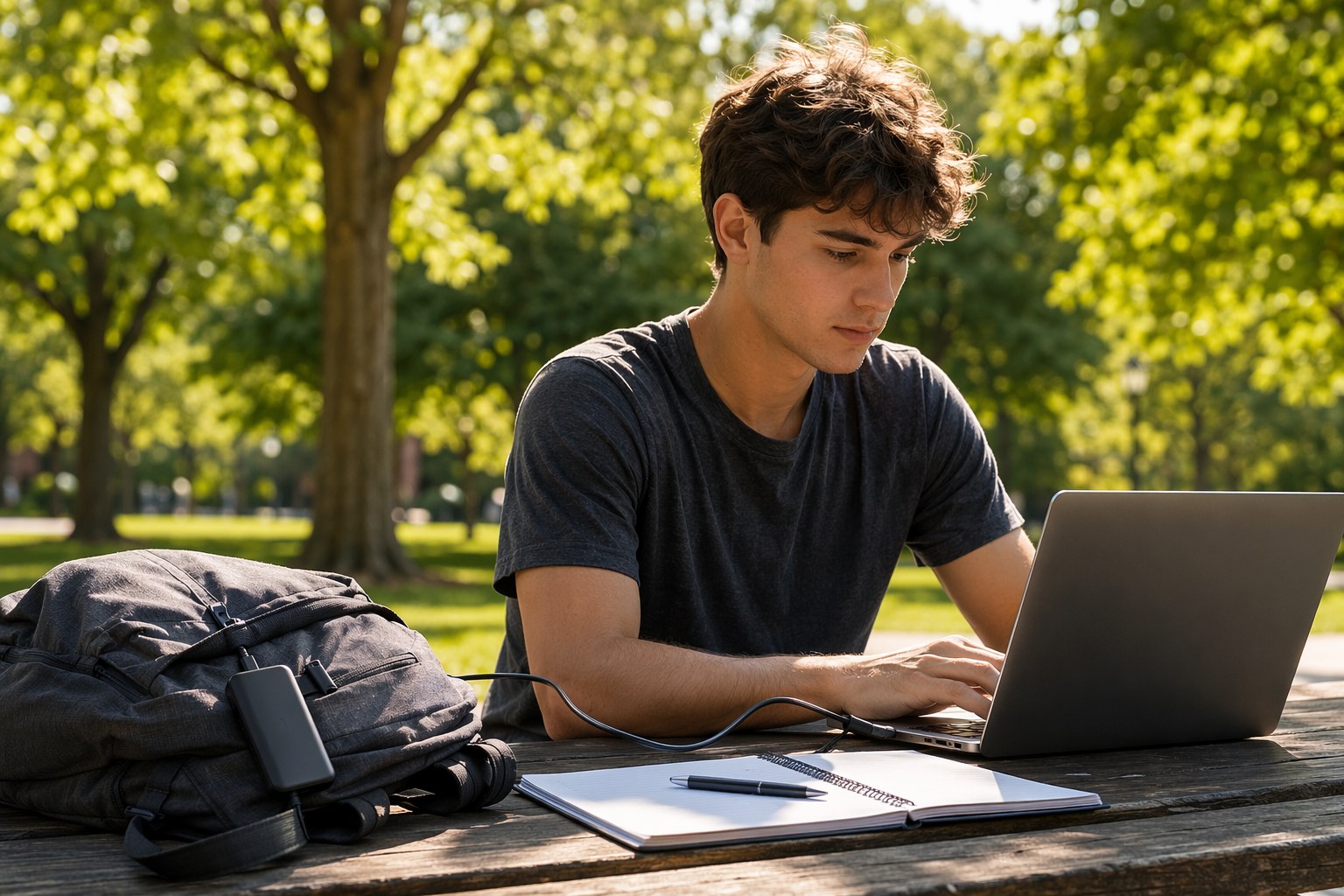 Student studying at an outdoor park picnic table with an open laptop and a small power bank clipped to the bag