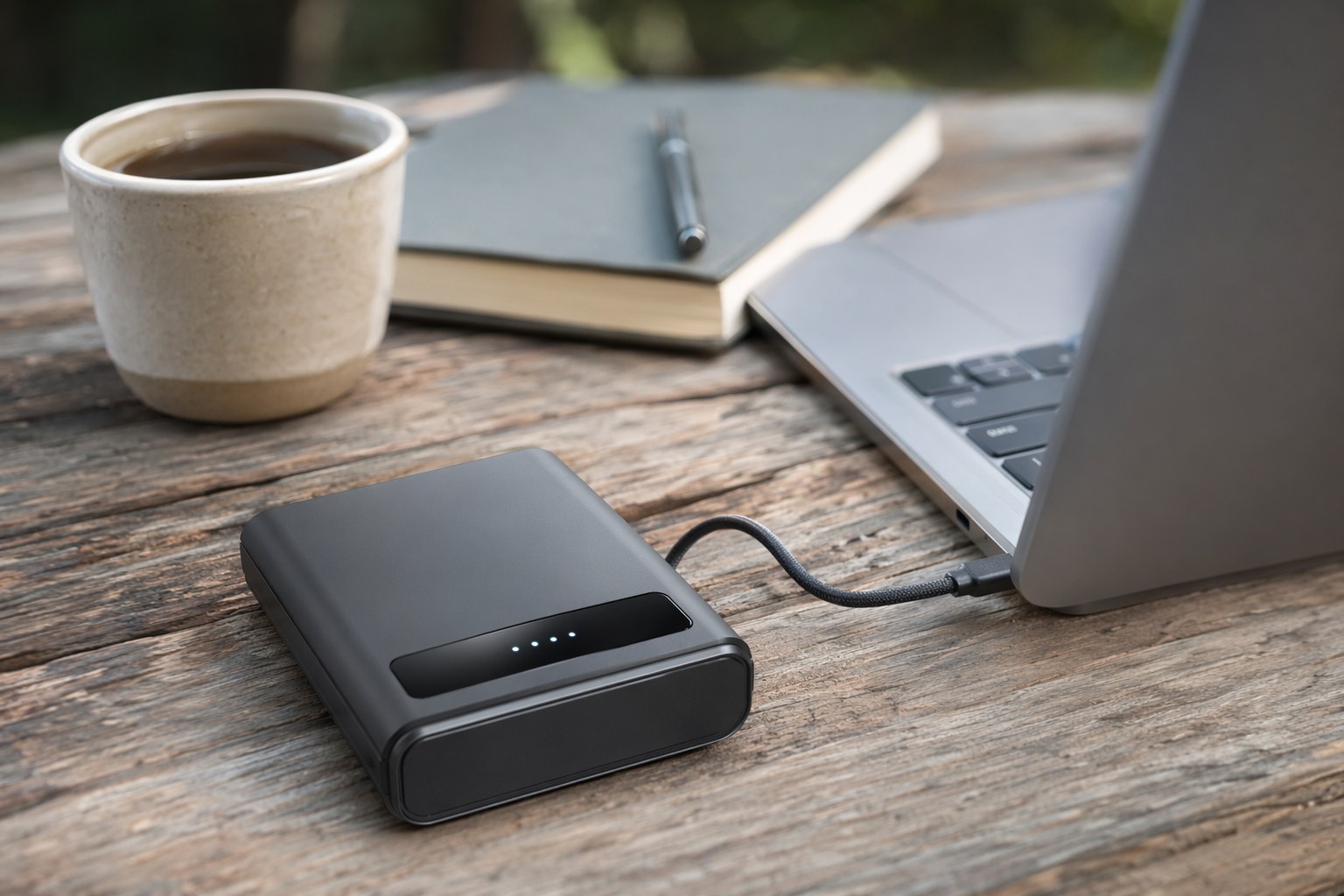 Compact USB-C power bank charging a laptop on a wooden picnic table with a coffee cup beside it