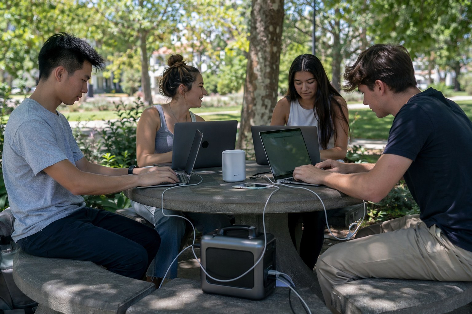 Outdoor study group at a shaded park table with several laptops, a small travel router, and a portable power station underneath