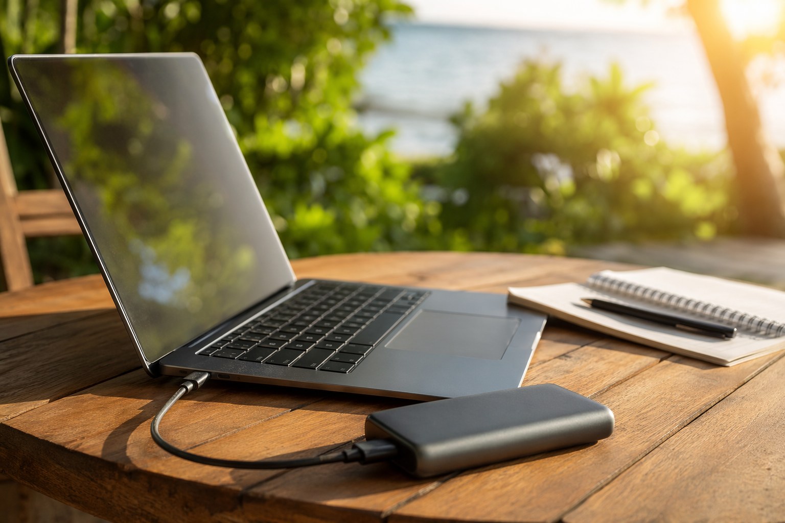 Laptop charging from a portable power bank on a sunlit outdoor table with a notebook and pen