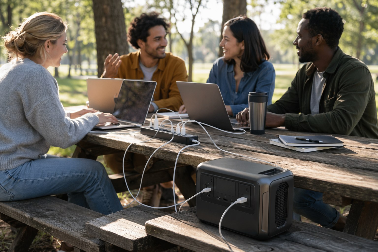 Outdoor team offsite at a picnic table with laptops powered by a portable power station