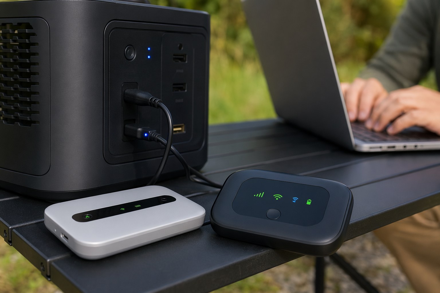 Portable Wi-Fi router and hotspot plugged into a compact power station on a folding table
