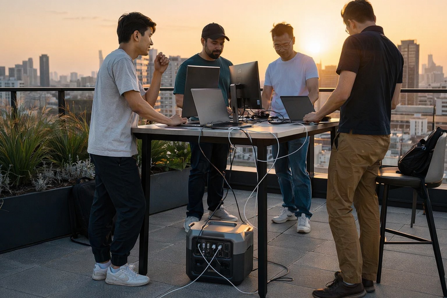 Rooftop co-working setup with laptops and monitors powered by a portable power station