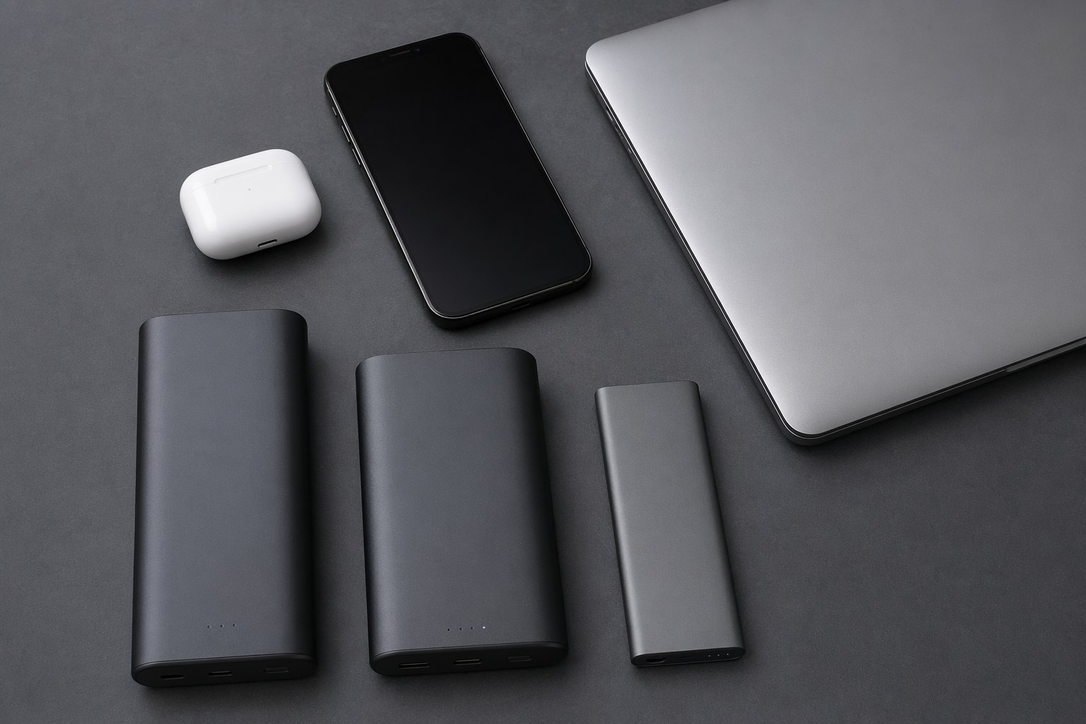 Flat lay of USB-C power banks and a laptop power bank next to a laptop and phone
