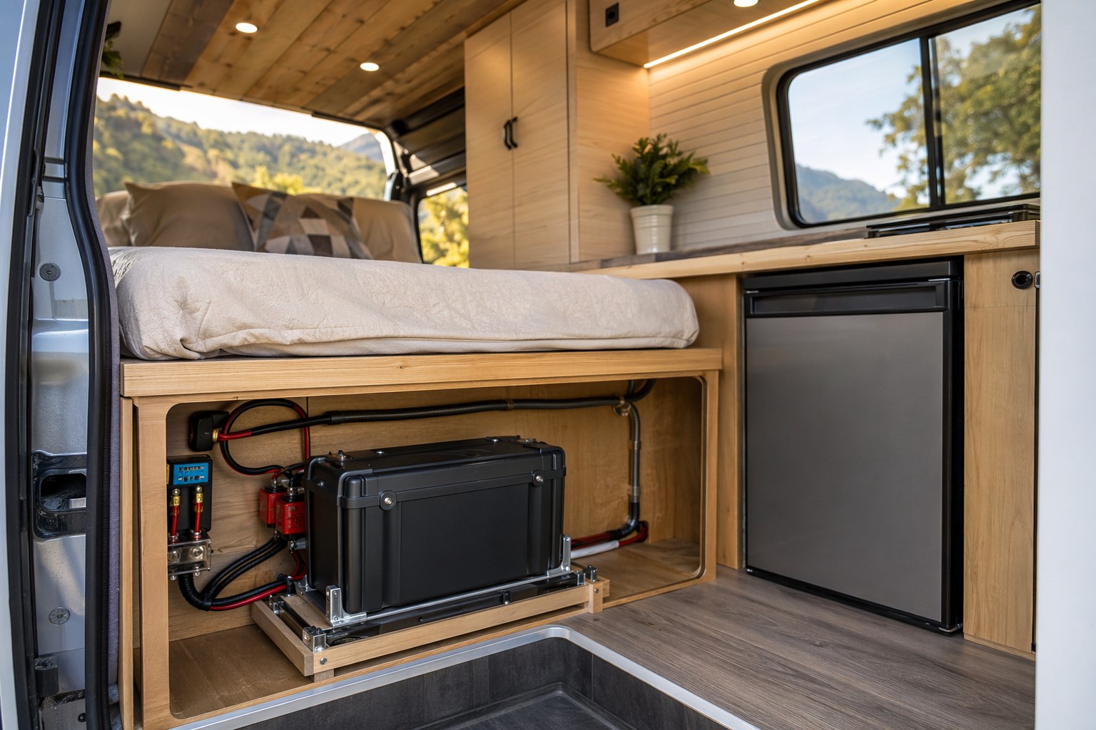 Van interior with a power station installed under the bed platform, cables routed to a 12V fridge and overhead lights