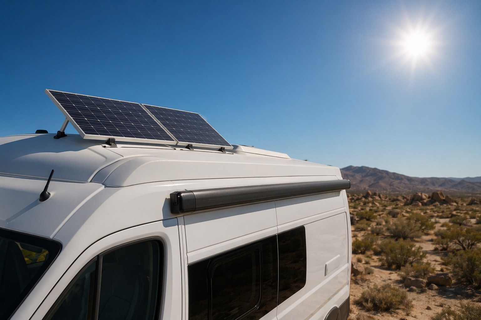 Two solar panels mounted on a van roof angled toward bright midday sun against a clear blue sky
