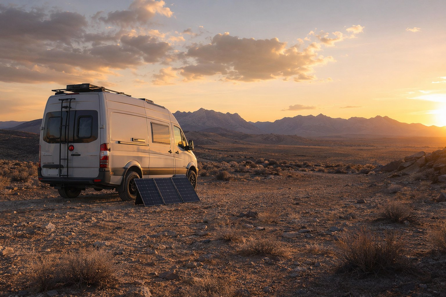 Camper van parked at a remote high-desert boondocking site at golden hour with a portable solar panel set up beside it