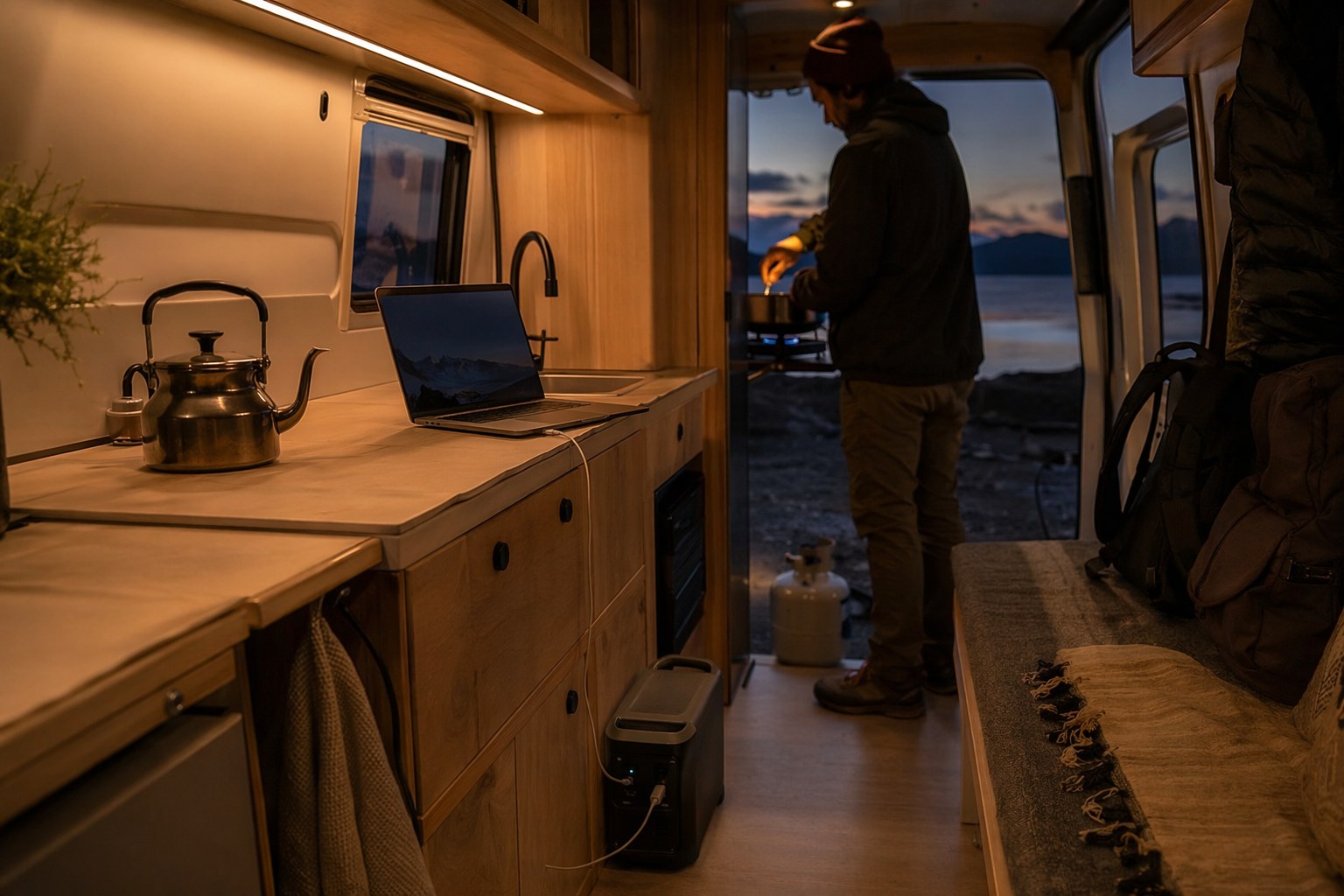 Van interior at dusk with the galley counter lit, a kettle and laptop running off the power station while someone cooks