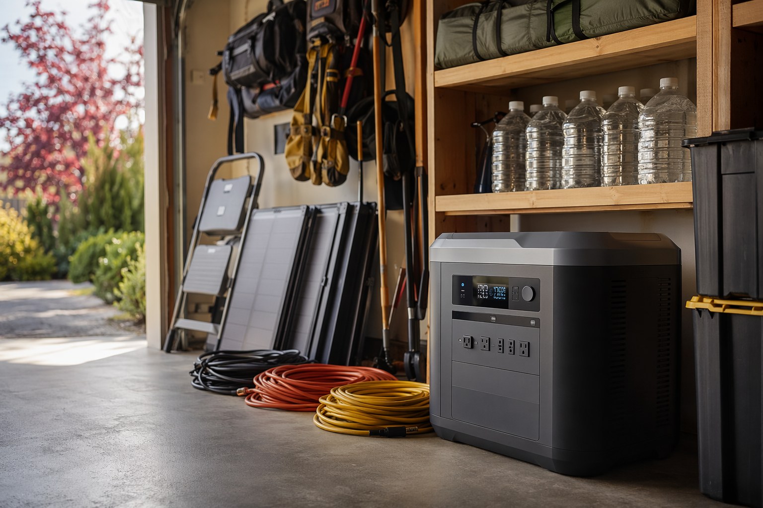 A home garage in early May staged for wildfire season with a power station, coiled cords, folded solar panels, and labeled water jugs