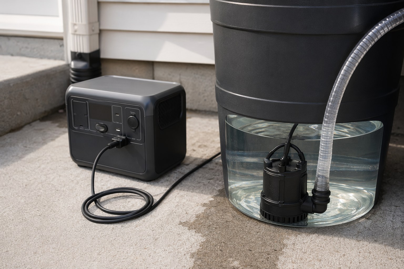 A 120V utility pump connected to a portable power station beside a 55-gallon water barrel on a patio