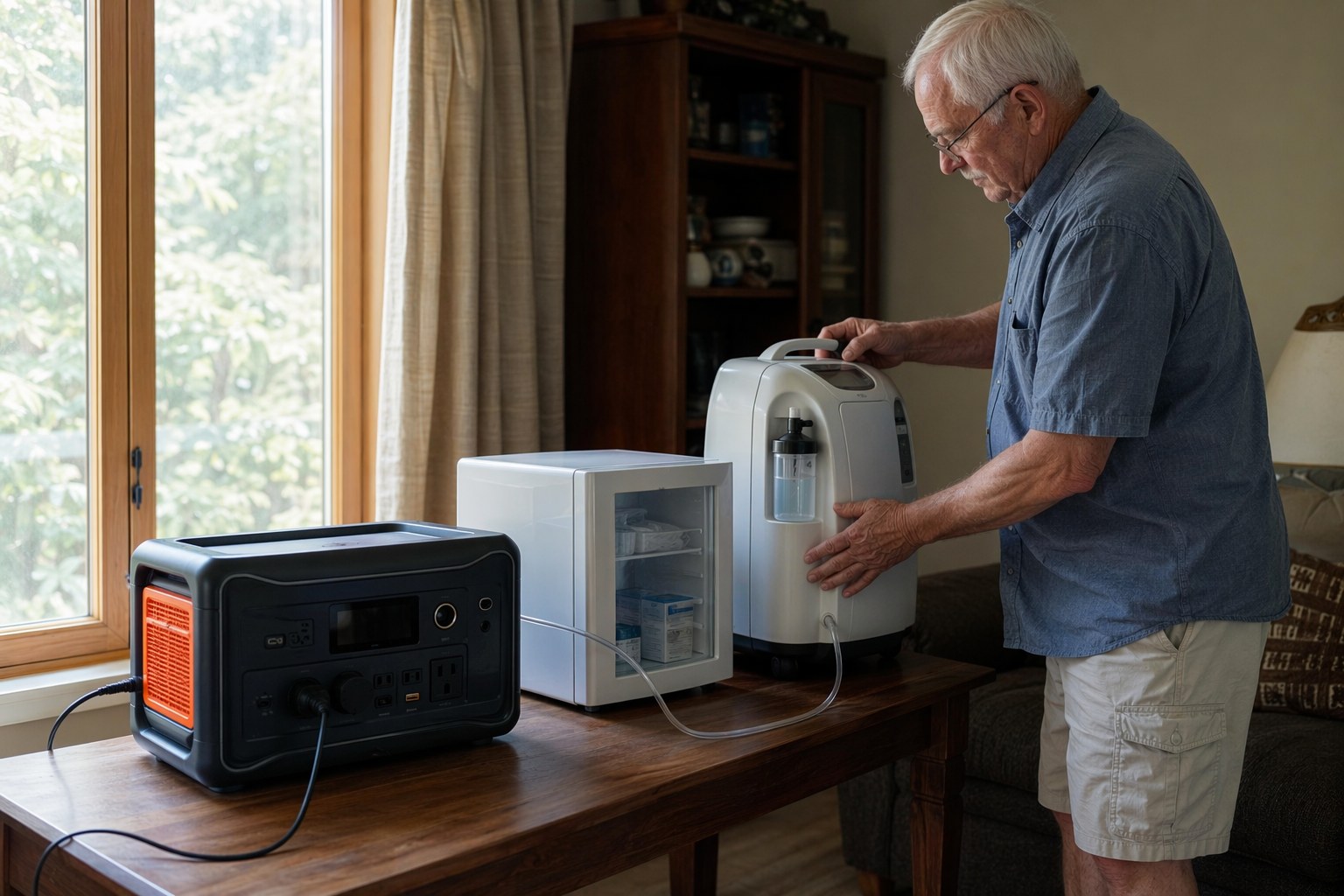 A homeowner setting up an oxygen concentrator and a small medication refrigerator powered by a portable battery during a daytime outage