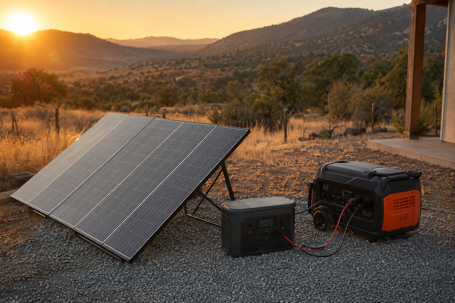A portable solar panel array recharging a power station at golden hour with a dual-fuel generator nearby in dry fire-country backyard