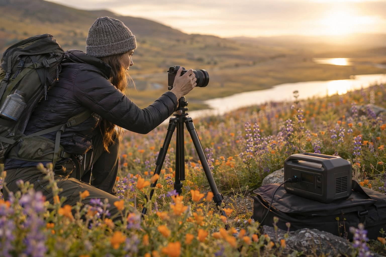 Landscape photographer in a field of poppies and lupine at golden hour with a power station beside the camera bag