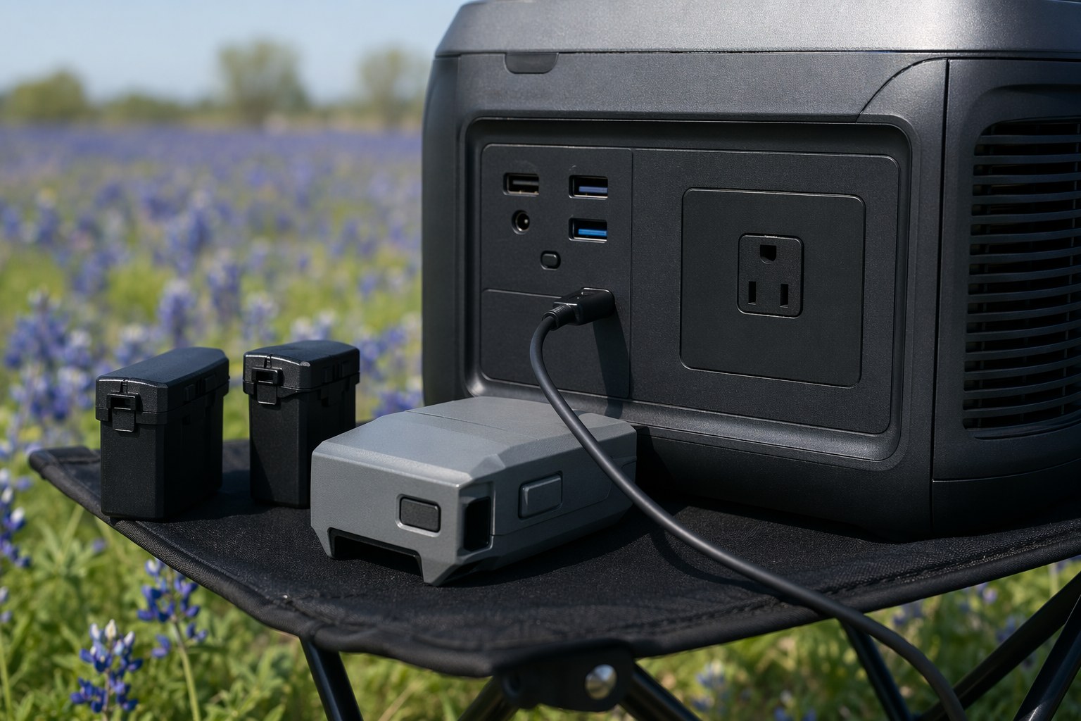 Camera batteries, a drone battery, and a USB-C cable plugged into a portable power station in a sunlit meadow