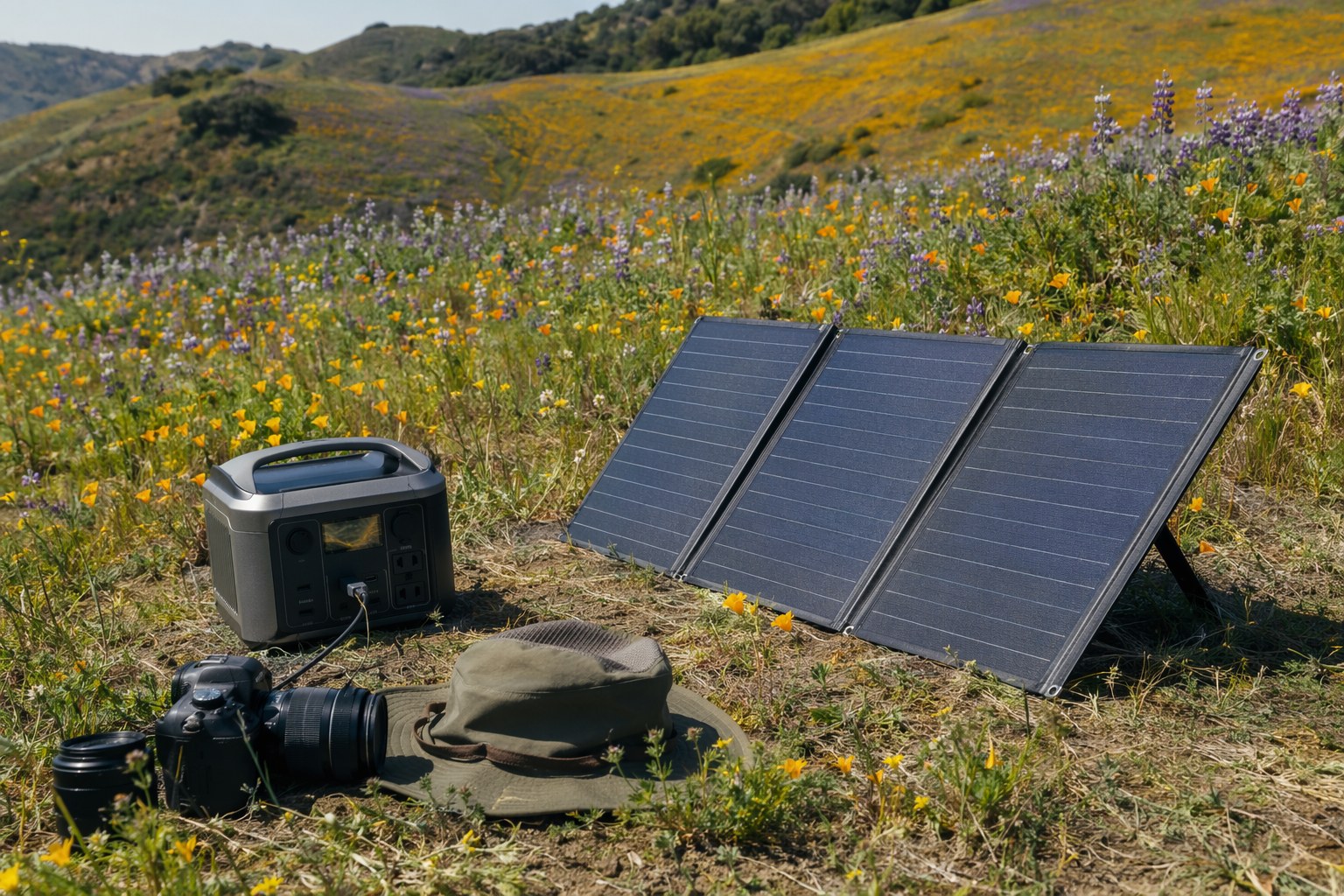A small power station and folding solar panel angled toward afternoon sun at the edge of a wildflower field