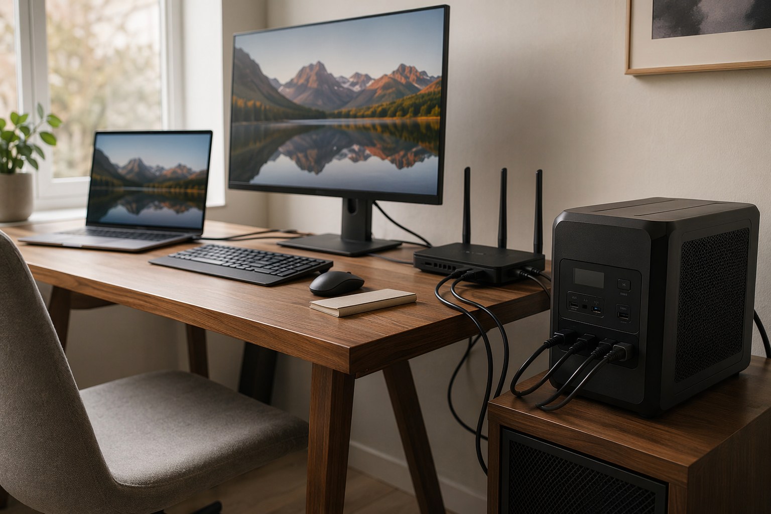 Home office desk with laptop, monitor, and Wi-Fi router connected to a battery backup unit