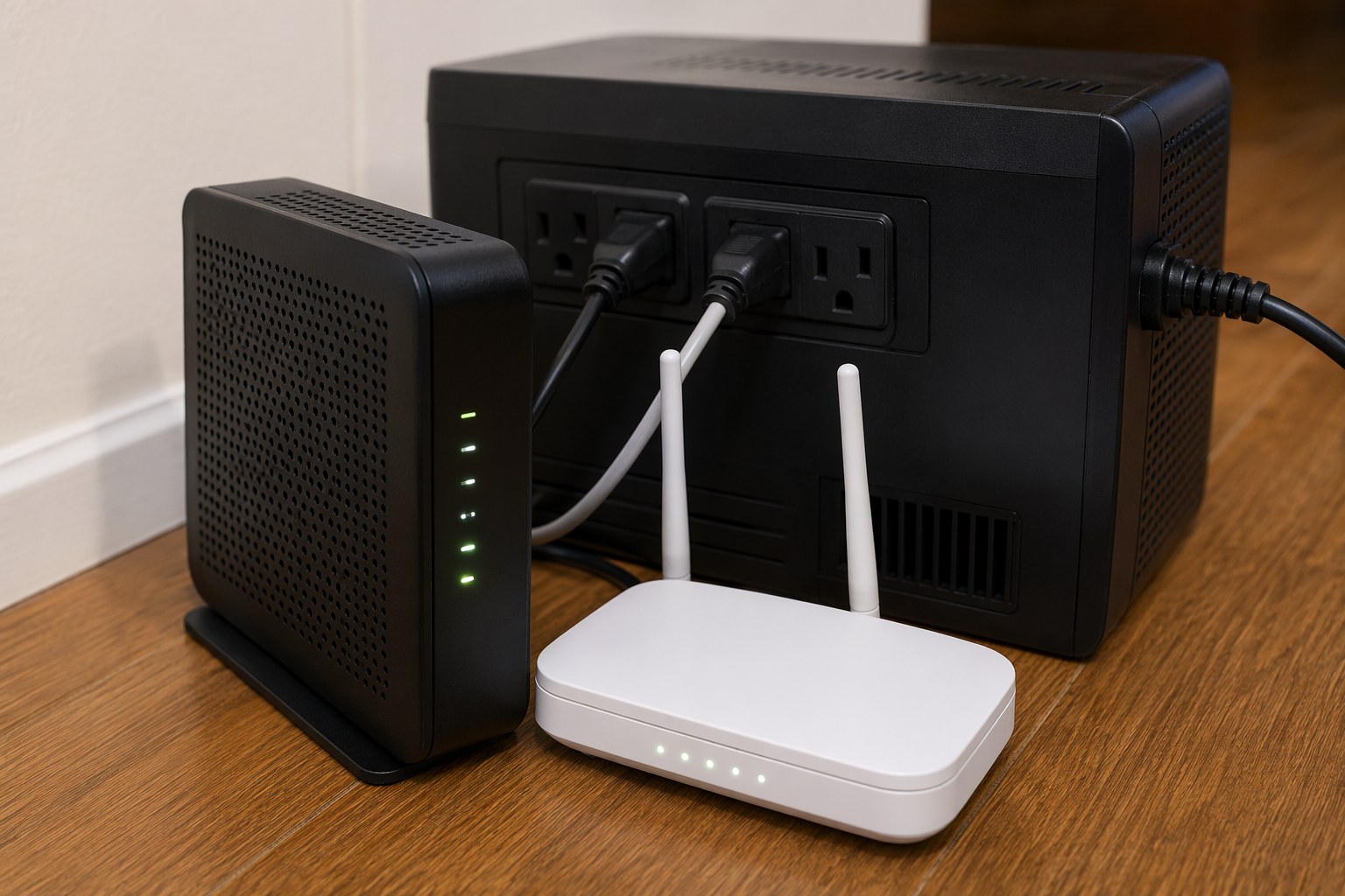 Cable modem and Wi-Fi router plugged into the battery-backed outlets of a UPS unit