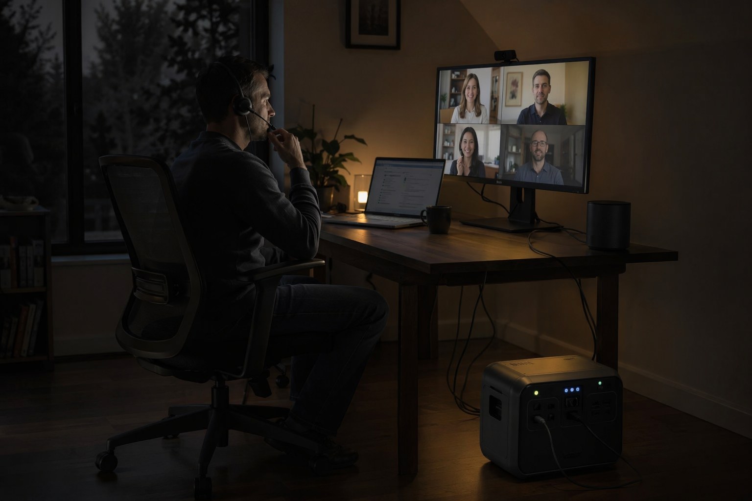 Remote worker on a video call at a desk powered by a portable power station during an outage