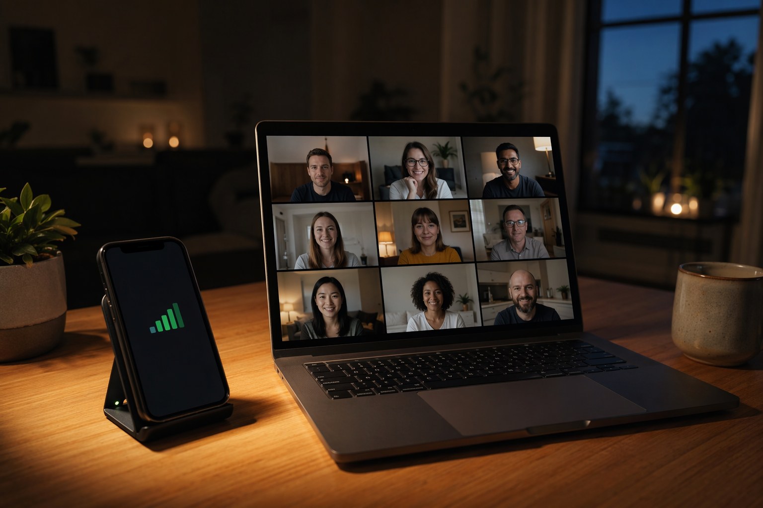 Laptop on a video call connected to a cellular hotspot as internet failover during a power outage